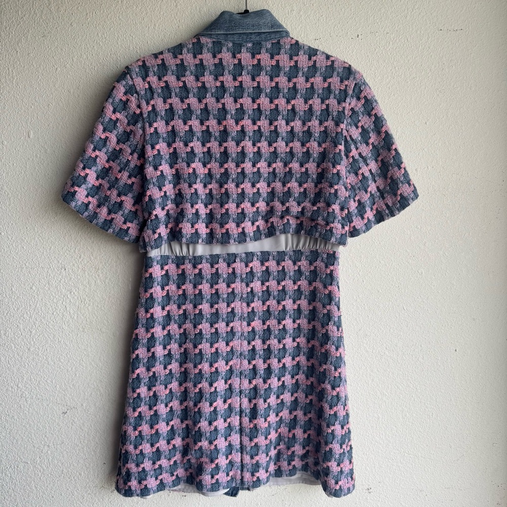 Sandro Amadora Denim Trim Houndstooth Tweed Mini Dress - Picture 8 of 13